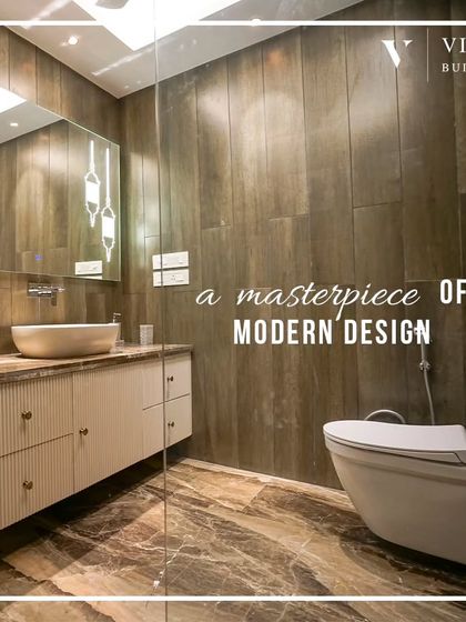 A masterpiece of modern design. This bathroom combines wood-look wall tiles with textured marble flooring, a floating vanity, and a glass shower partition for a clean, contemporary look.