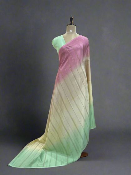 A beautiful multi-color Rangkat pure Mysore silk saree, blending shades of pink, yellow, and green.