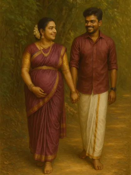 A classic outdoor portrait of a couple walking hand-in-hand. The traditional South Indian attire and the natural, lush background create a timeless and romantic scene.