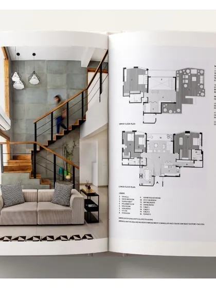 A look inside the "Timeless Interiors" book, showing the feature on our 'Open House' project. The spread includes images of the space alongside the floor plans, illustrating the connection between our architectural plans and the final built environment.