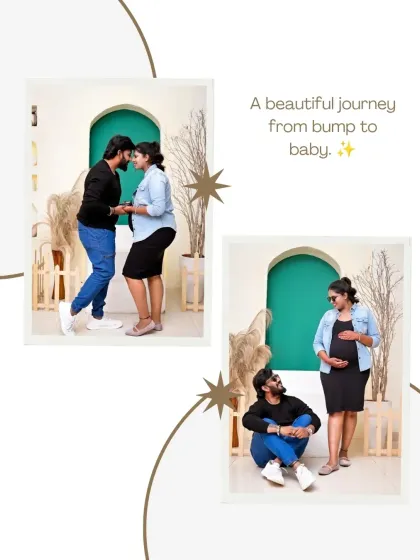 This artistic graphic features two photos from a modern couple's shoot, framed by clean design elements. It perfectly captures the "beautiful journey from bump to baby."