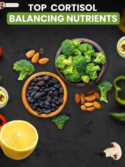 A visual guide to top cortisol-balancing foods, including broccoli, almonds, raisins, and lemons.