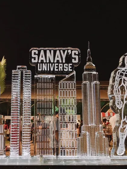 Another view of the incredible city skyline ice sculpture, a unique and impressive decor piece that wowed the guests.