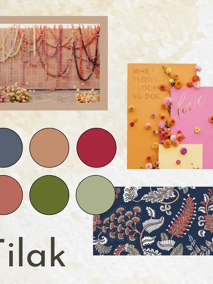 The initial mood board for the 'Suryatva' Tilak ceremony. We wanted to break norms with a divine yet fun theme, using a rich color palette of blues, reds, and greens with a bold floral pattern.
