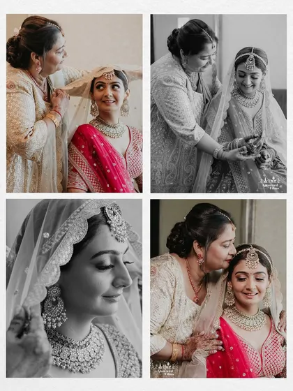 A collage of tender moments between the bride, Shivani, and her mother, capturing the love and blessings shared while getting ready.