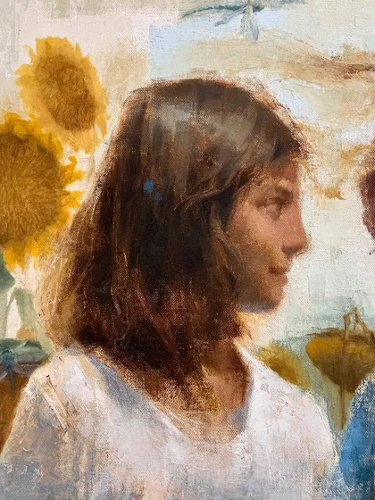 A detail from "Choice of Living," focusing on the profile of the girl on the left.