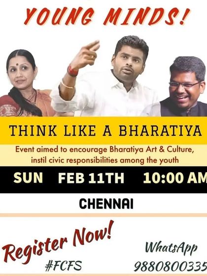 A promotional poster for the "Young Minds! Think Like a Bharatiya" event in Chennai. The visual powerfully brings together the speakers for the event.