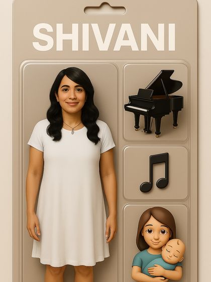 Meet Shivani, our co-founder, as a collectible figure. Her accessories include a grand piano and a baby, symbolizing her dual passions for music and motherhood.