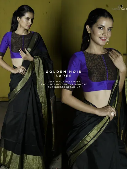 Not every outfit can make you feel royal, but this Golden Noir black and gold saree does. With every pleat, you wear confidence, and with every shimmer, you carry a legacy.