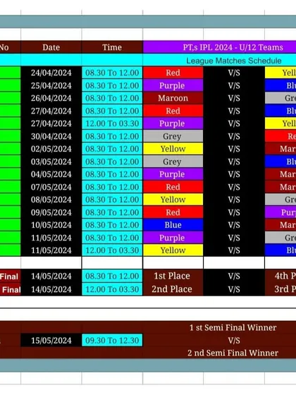 The official league schedule for the Under-12 PTPL. This shows the structured and professional format of our tournaments, giving players regular, competitive matches over several weeks.