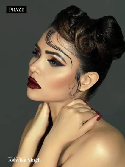 A creative beauty shot for Praze Magazine featuring a vintage-inspired hair and makeup look. These close-up portraits are designed to showcase the artistry of the entire creative team, from makeup to styling.