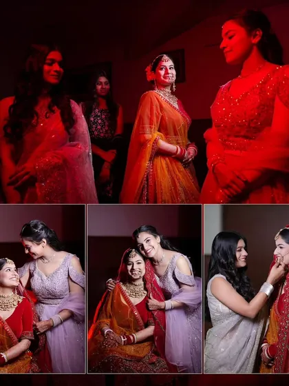 A collage showing the bride sharing happy and emotional moments with her bridesmaids and friends.
