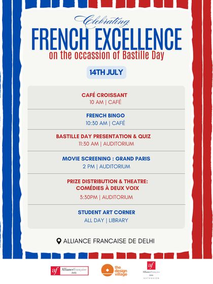 The official schedule of events for our Bastille Day celebration. The list includes Café Croissant, French Bingo, a quiz, a movie screening, and theatre, offering a full day of French cultural immersion.