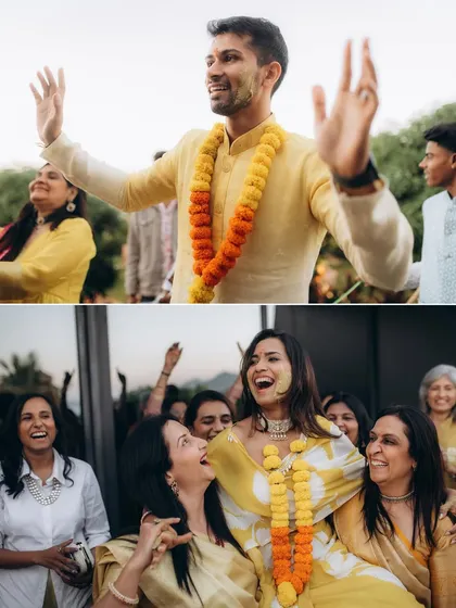 The bride and groom's joyful entrance at their Haldi ceremony. The energy is infectious, and I aim to capture that feeling of celebration and happiness.