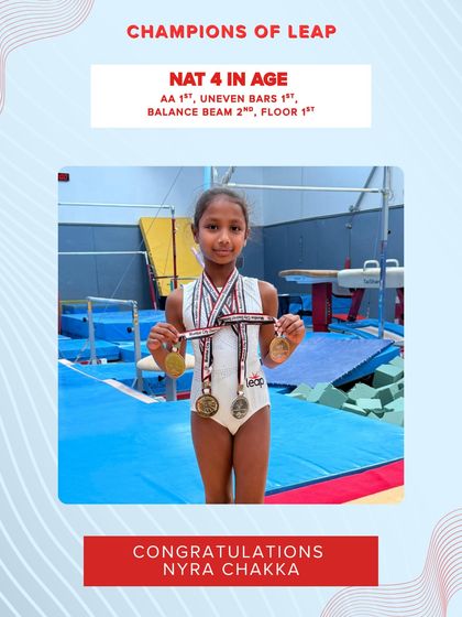 An amazing performance by Nyra Chakka, who became the NAT 4 In Age All Around Champion, also winning 1st on uneven bars and floor, and 2nd on the balance beam.