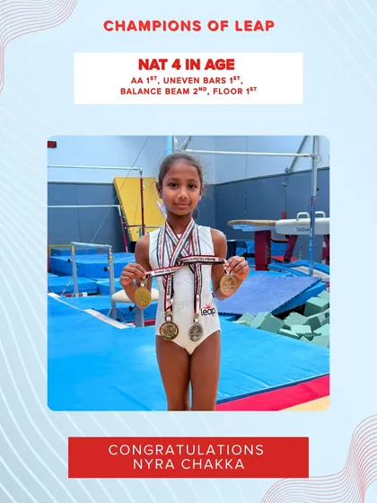 An amazing performance by Nyra Chakka, who became the NAT 4 In Age All Around Champion, also winning 1st on uneven bars and floor, and 2nd on the balance beam.