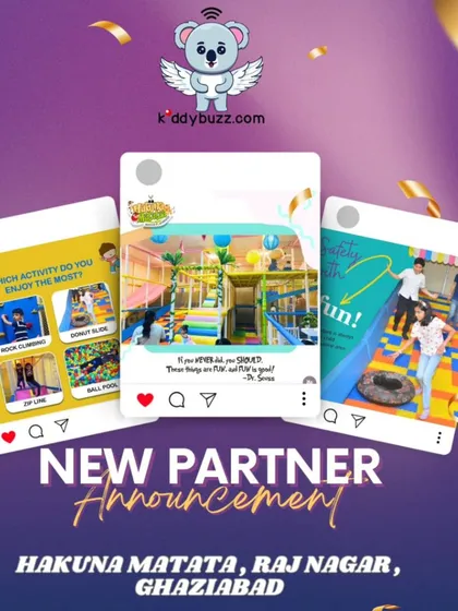 I'm happy to announce our partnership with Hakuna Matata in Raj Nagar, Ghaziabad. This play destination features rock climbing, donut slides, and a huge ball pool for endless fun.