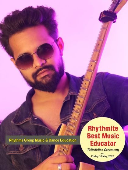 A promotional image for our "Rhythmite Best Music Educator" felicitation ceremony, featuring award-winning guitar instructor Saurabh Sakpal.