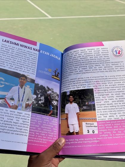 From our courts to the printed page. This image shows Lakshmi's story featured in the official Global Child Prodigy Award book. It details his journey and highlights his role as an inspiration for other young athletes with special needs.