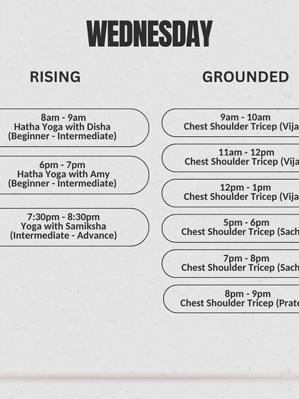 Our Wednesday schedule, offering a variety of yoga and strength classes from morning to evening to fit your lifestyle.