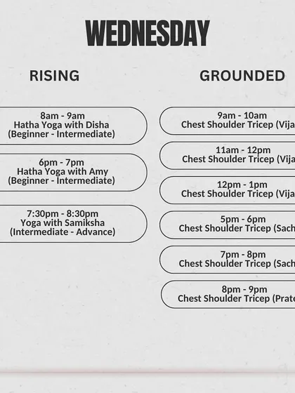 Our Wednesday schedule, offering a variety of yoga and strength classes from morning to evening to fit your lifestyle.