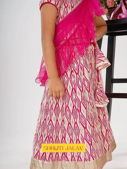 A close-up of the pink printed lehenga, showing the geometric pattern and the delicate ruffled dupatta.