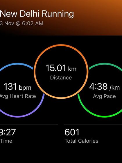 Data from a 15km tempo run, showing an average pace of 4:38/km with a low average heart rate of 131 bpm. This demonstrates incredible running efficiency.