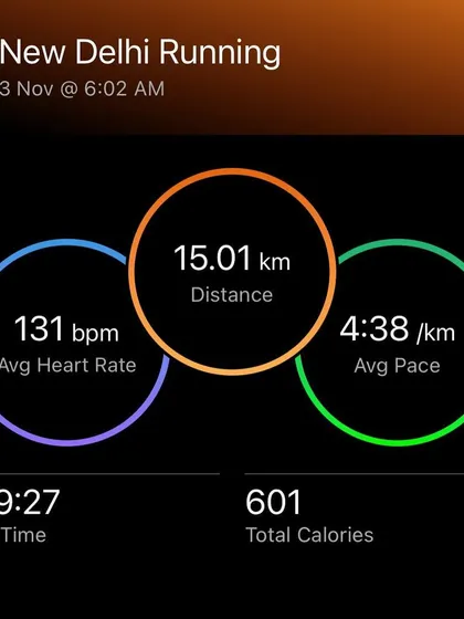 Data from a 15km tempo run, showing an average pace of 4:38/km with a low average heart rate of 131 bpm. This demonstrates incredible running efficiency.