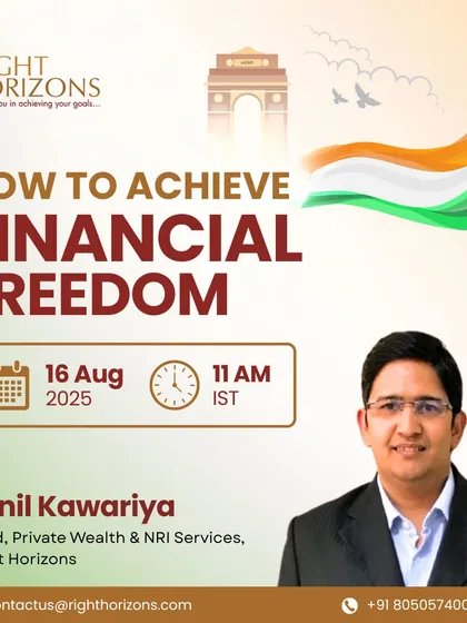 This graphic announces our webinar on achieving financial freedom, led by Sunil Kawariya, our Head of Private Wealth & NRI Services. The session is designed to guide attendees through proven steps for building long-term wealth and living life on their own terms.