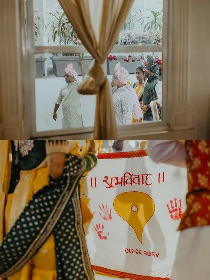 A collage of symbolic details from a Maharashtrian wedding, including the 'Shubh Vivah' cloth and a glimpse of the groom's arrival.