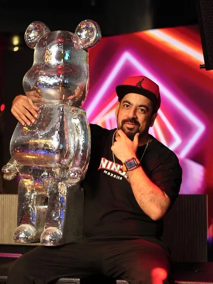 Another pose with the Disco Bear. This guy is my good luck charm.