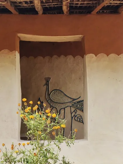 A traditional peacock mural adorns a mud wall in a vernacular homestay in Madhya Pradesh. We collaborated with local women artisans to bring their stories and folk art to life, using materials like mud, rope, and cow dung that are rooted in the region's culture.
