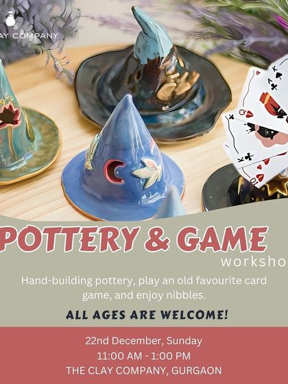 Our Pottery & Game workshop poster for the Christmas season. We combine the fun of hand-building pottery with classic card games and nibbles for a cozy and creative afternoon.