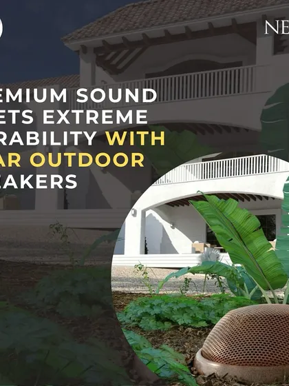 Premium sound meets extreme durability. NEAR outdoor speakers, shown here blending into a garden, are designed to deliver audiophile-grade performance while withstanding the harshest weather conditions.