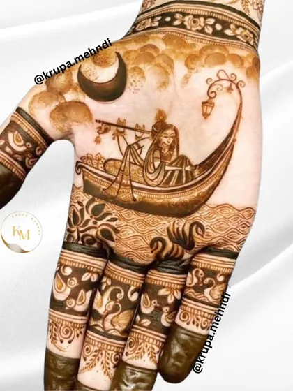 Radha and Krishna in a boat under the moonlight. This romantic and divine portrait is one of my most requested designs for its storytelling quality.