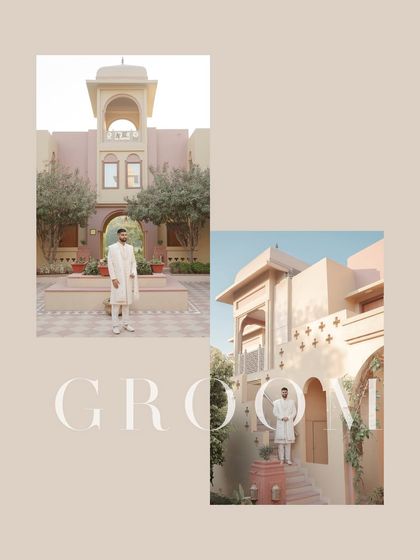 A stylish collage dedicated to the groom, showing him in his elegant white sherwani against the clean lines of the modern-heritage venue.