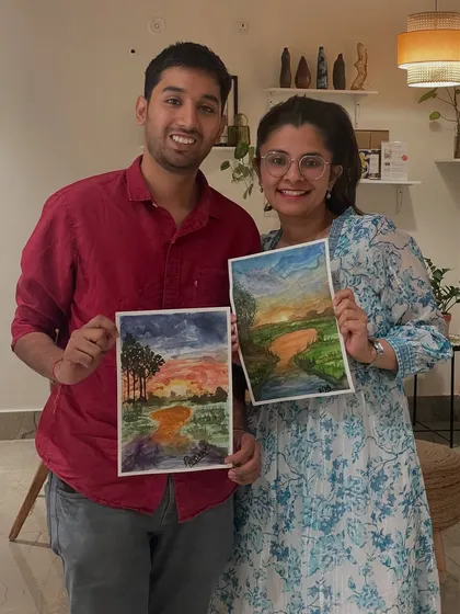 Art is better together. This couple enjoys a creative date, each painting their own beautiful landscape. Our studio is the perfect spot for a unique and relaxing outing with someone special.