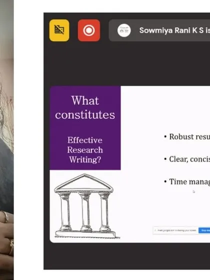 Presenting a slide on what constitutes effective research writing. It's a combination of robust results, clear language, and good time management.