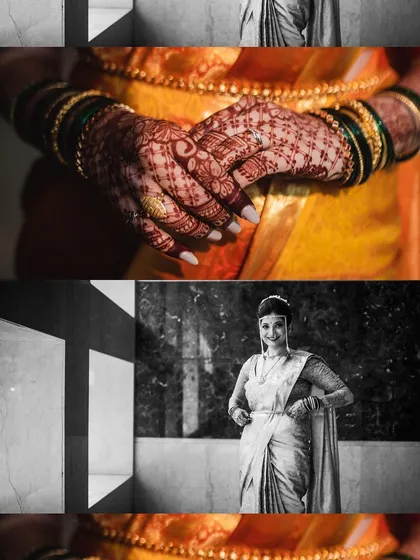 A collage focusing on the beautiful details of a Maharashtrian bride, from her intricate mehndi to a classic black and white portrait.