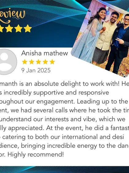 Nothing makes me happier than receiving feedback like this. It was a pleasure working with Anisha to create the perfect vibe for her engagement, blending music for both her international and desi guests to keep the energy high all night.