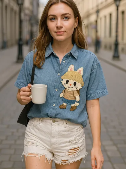 Here is another one of our popular character patch designs on a light-wash denim shirt. This Labubu character is ready for an adventure, making it a great piece for casual outings.