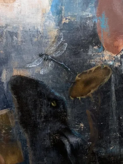 A detail from "Choice of Living," showing a dragonfly, a symbol of nature and freedom.