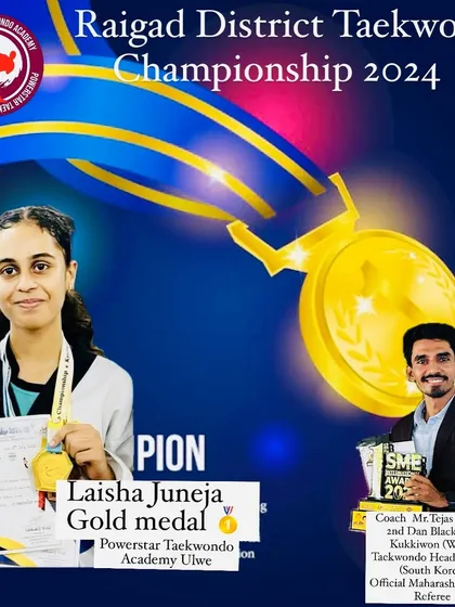 This is what we work for. Laisha Juneja, one of my dedicated students, winning a gold medal at the Raigad District Taekwondo Championship. This is not just a win, it's a step towards competing at the state and national level.