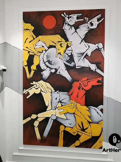 A client commissioned us to create a large-scale reproduction of M. F. Husain's iconic 'Seven Horses' painting. This piece, hanging in a client's stairwell, demonstrates our skill in recreating famous artworks with precision and vibrant color.
