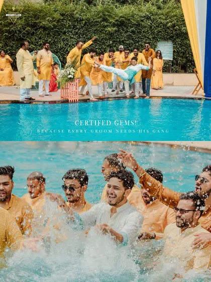 The groom's squad having a blast at the pool party Haldi, a testament to the fun and friendship that surrounds a wedding.