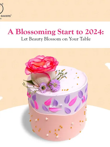 A blossoming start to the new year. This two-toned cake is decorated with beautiful sugar flowers and petals, representing growth and new beginnings.