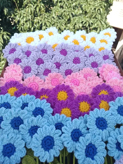 A close-up of the colorful daisy stems.