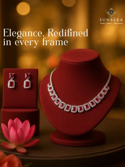 Elegance redefined. This ruby and diamond necklace set features emerald-cut rubies haloed by brilliant diamonds, creating a look of architectural grace and regal sophistication.