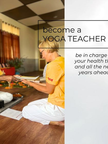 An inspirational graphic for the new year, encouraging you to become a yoga teacher and take charge of your health.