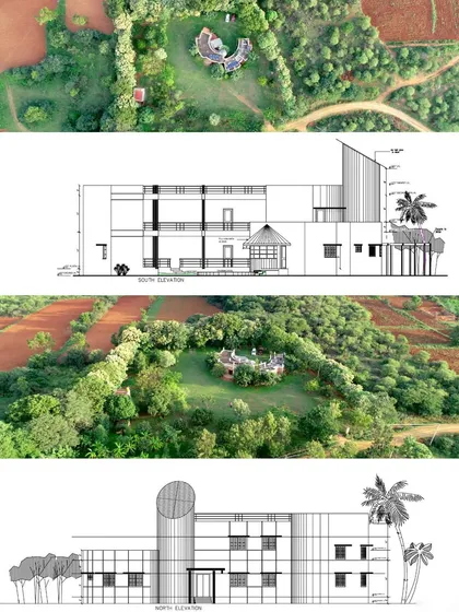 This image pairs real aerial photographs of a completed farmhouse with our original 2D architectural elevations. This provides a powerful before-and-after comparison, showing how our precise technical drawings translate into a real-world building. (This media is part of the same project as ID 27, 28).
